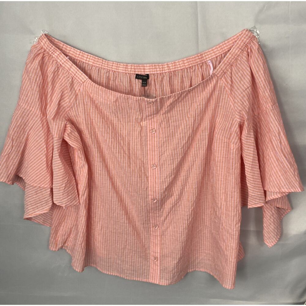 NWT Lane Bryant Top 26 28 Striped Babydoll Hankerchief Off Shoulder Blouse Pink